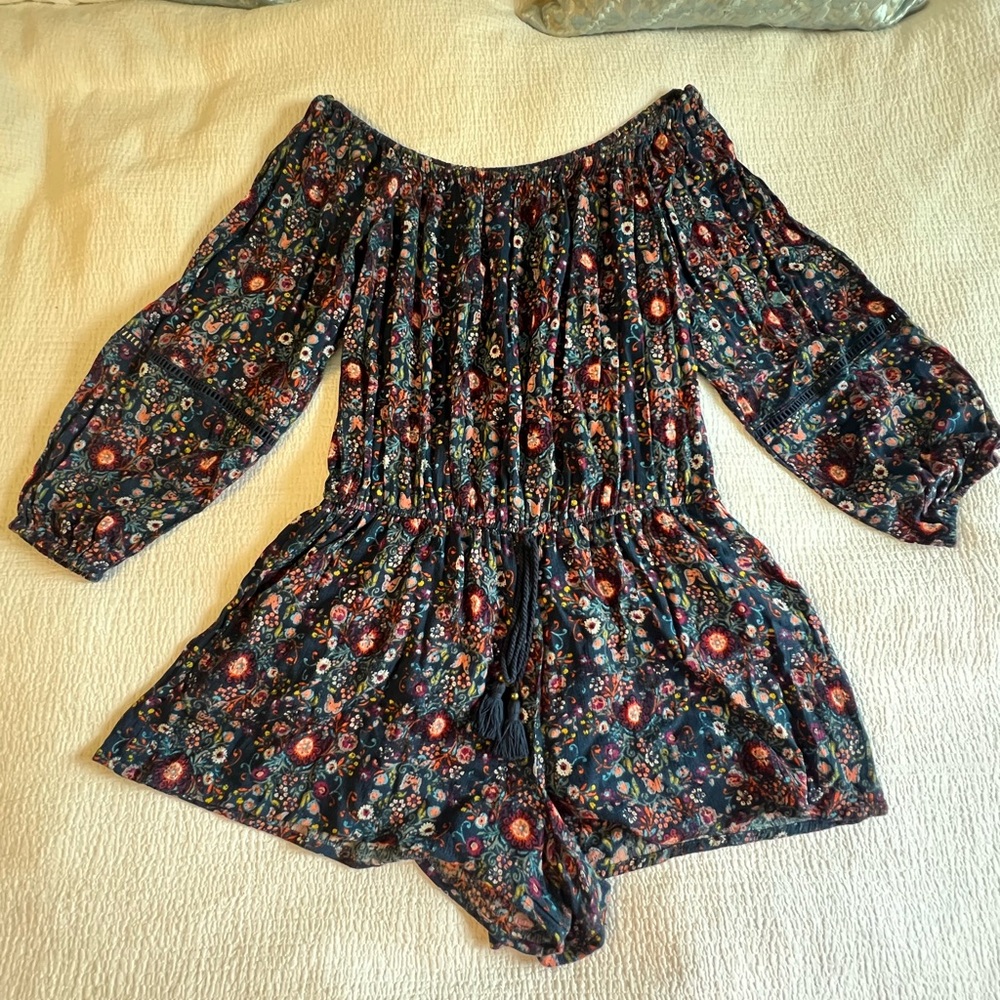 Multicolor Floral Patterned Off The Shoulder Romp… - image 2